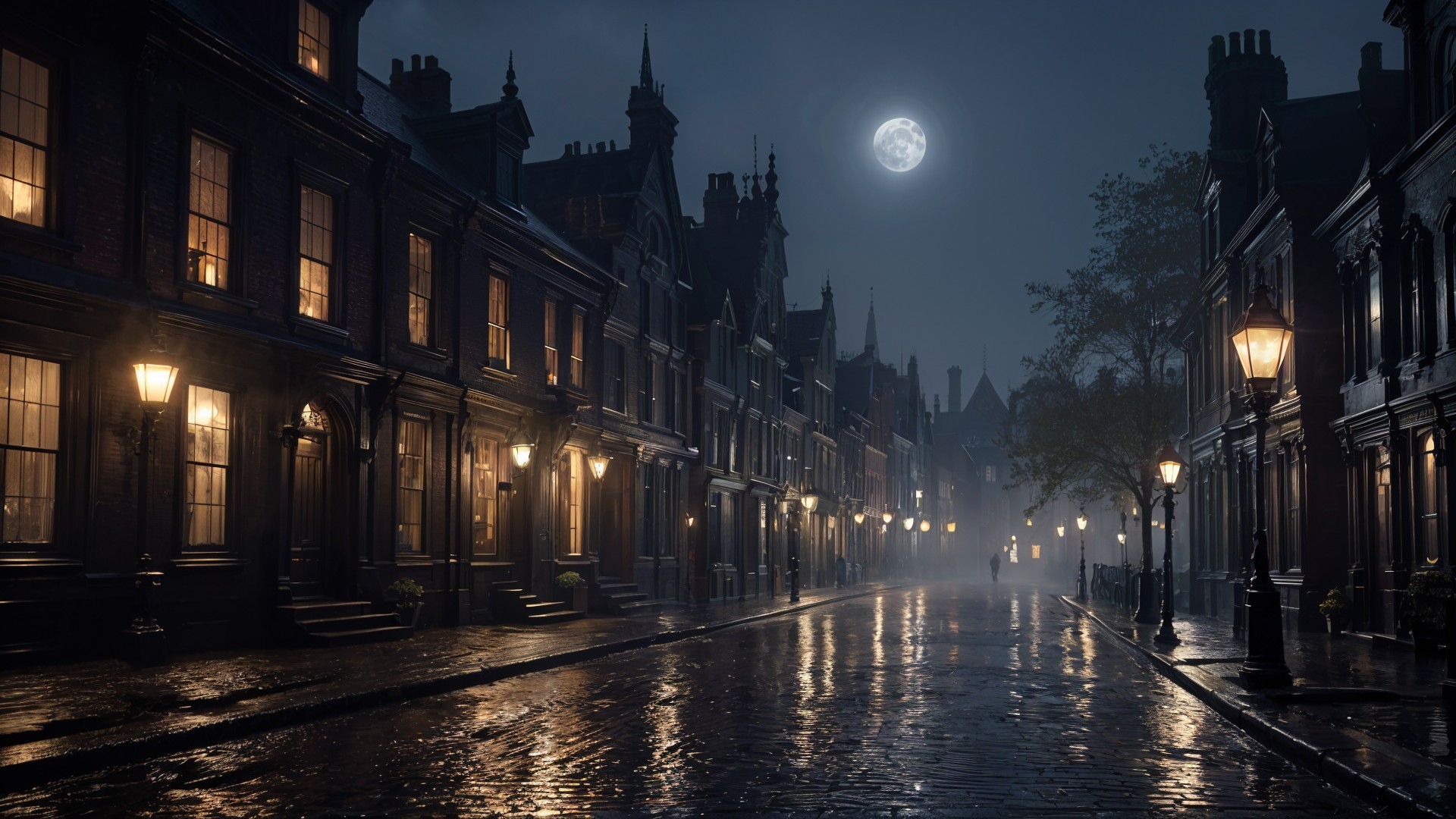 Dimly Lit Cobblestone Street in Old-Fashioned Neighborhood