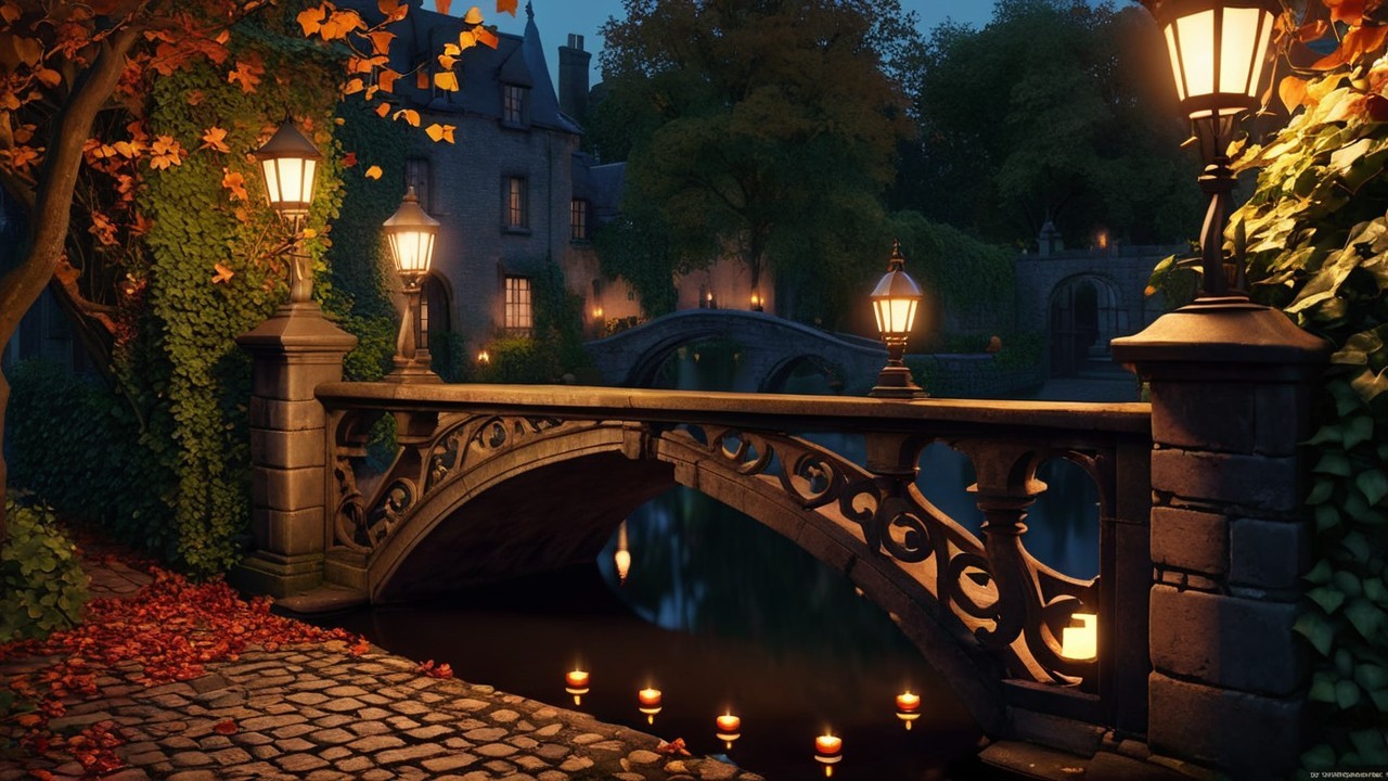 Illuminated bridge over serene water at twilight