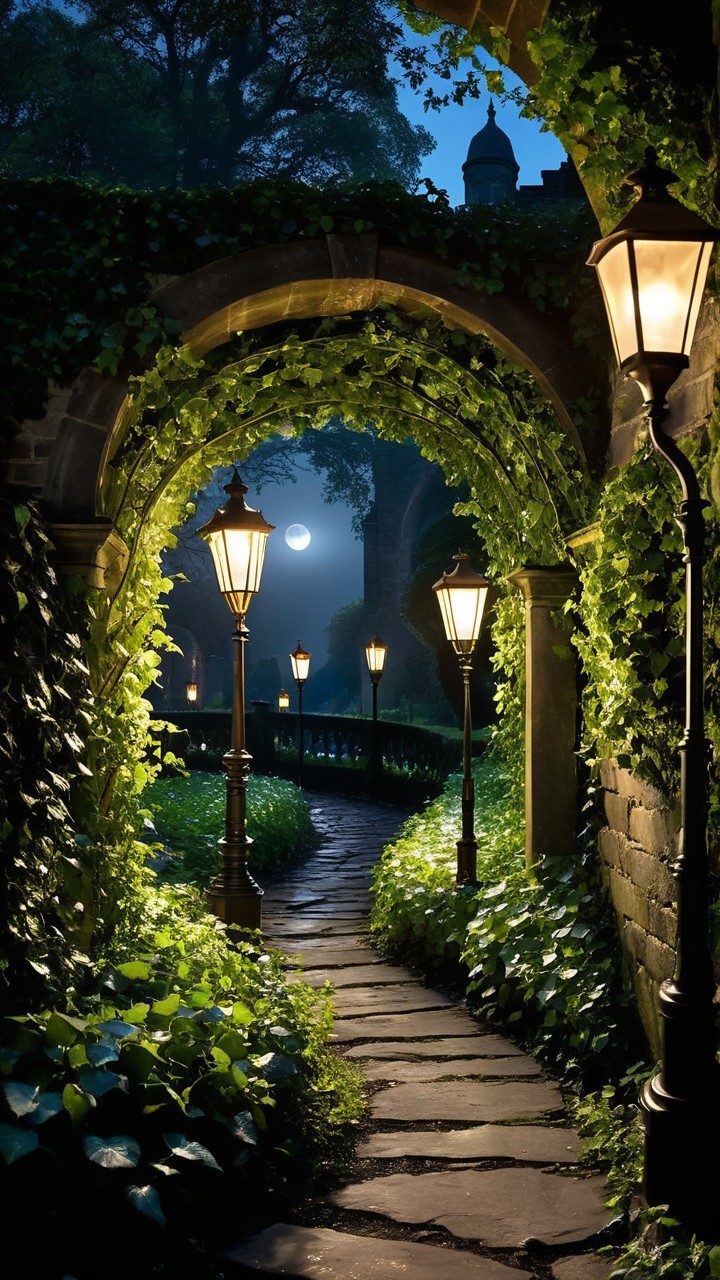 Tranquil Pathway with Ivy and Vintage Street Lamps