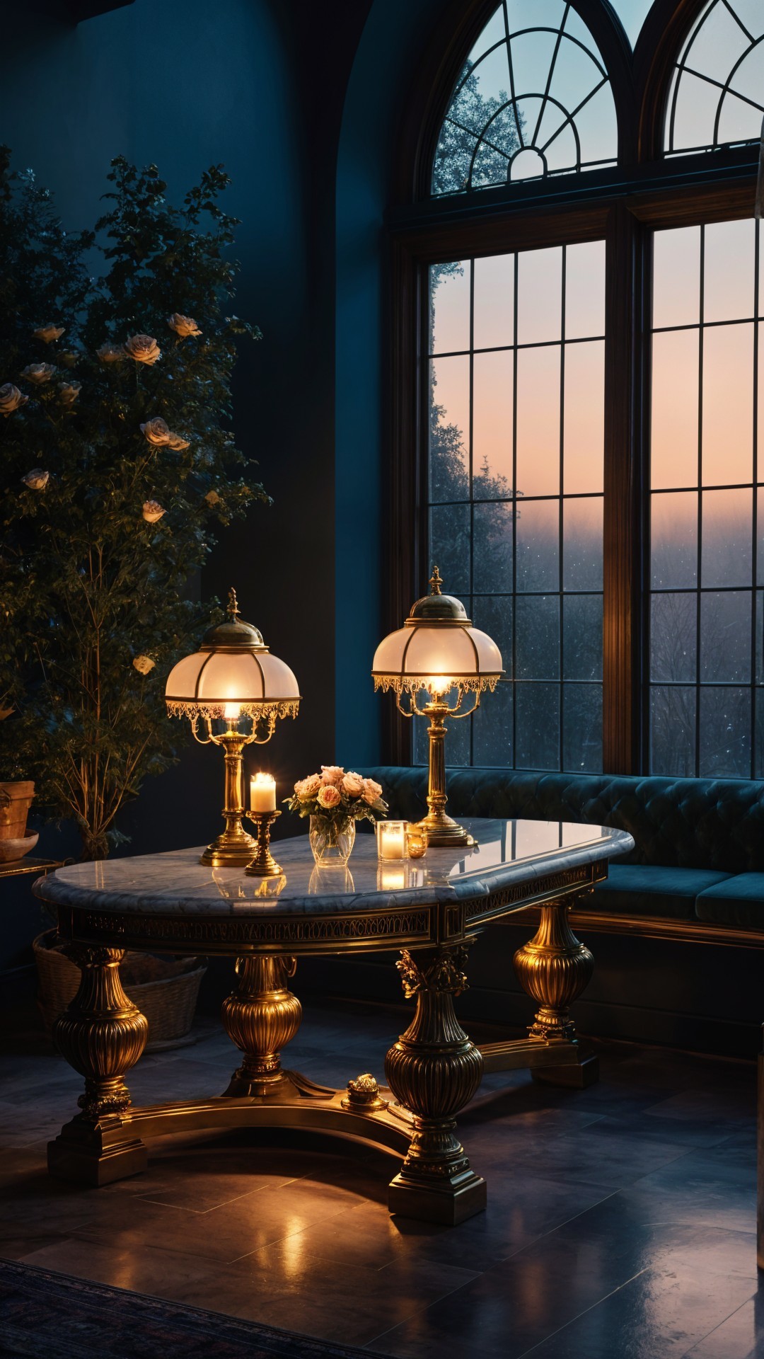 Luxurious Room with Marble Table and Sunset View