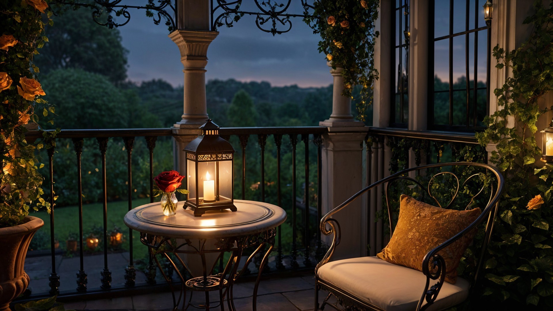 Serene Balcony at Twilight with Lush Greenery and Roses