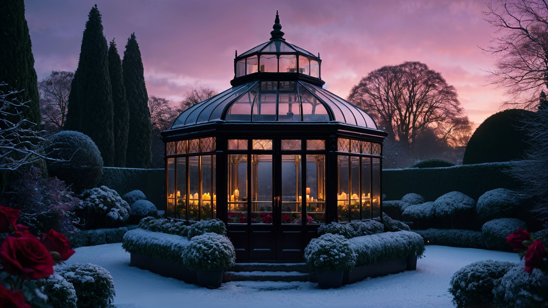 Glass Greenhouse in Winter Landscape with Roses