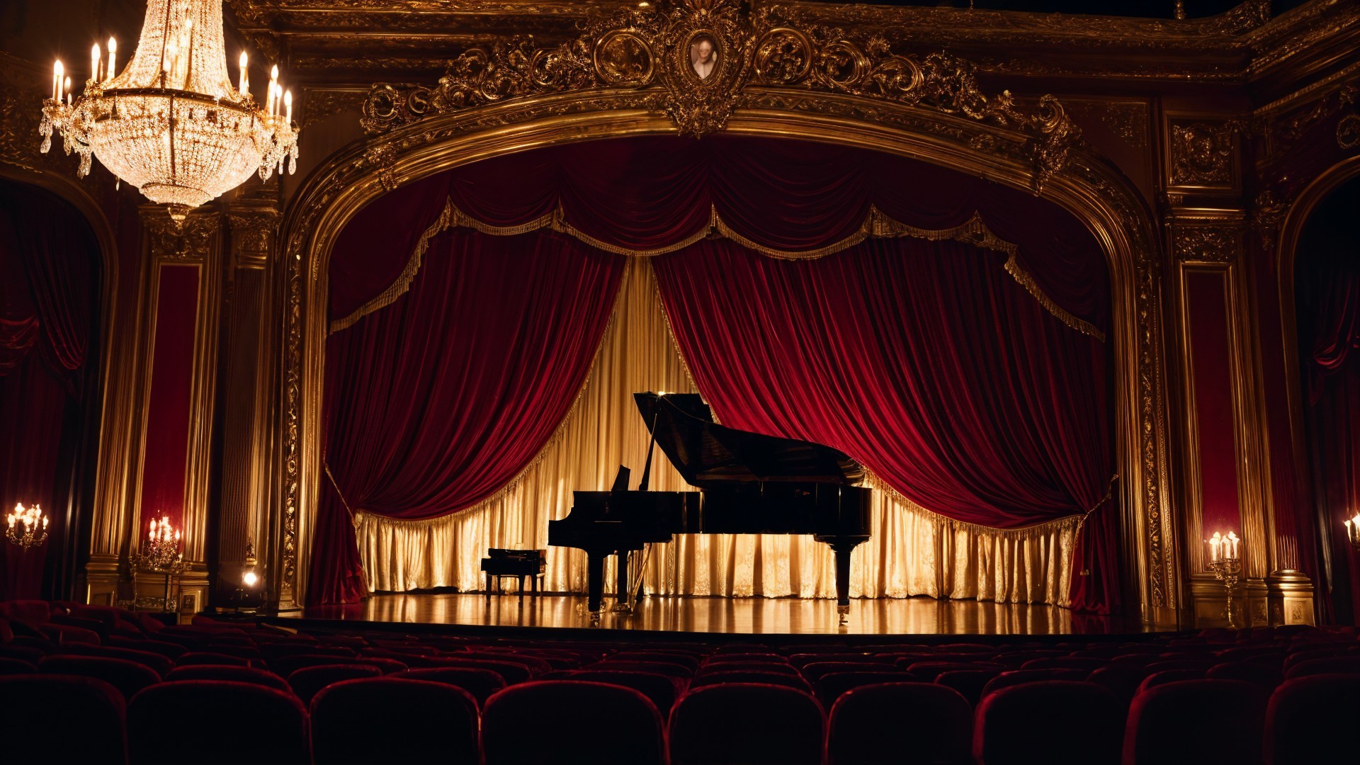 Grand theater stage with red curtains and piano