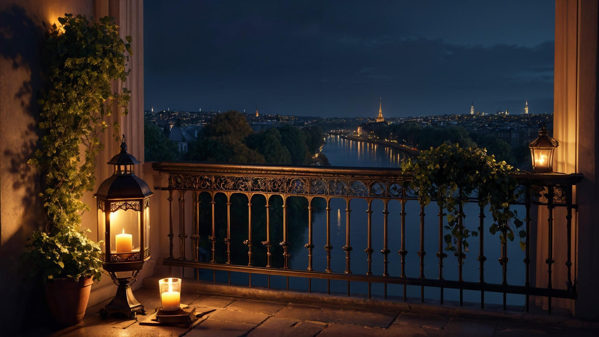 Charming Balcony with River View and City Lights