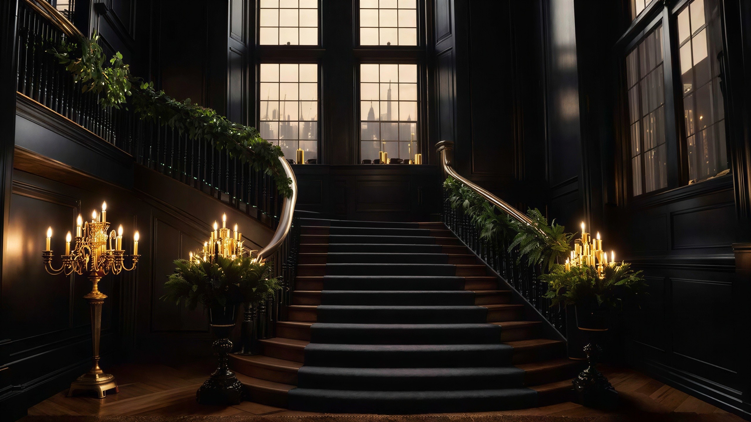 Elegant Staircase with Dark Panels and Candlelit Decor