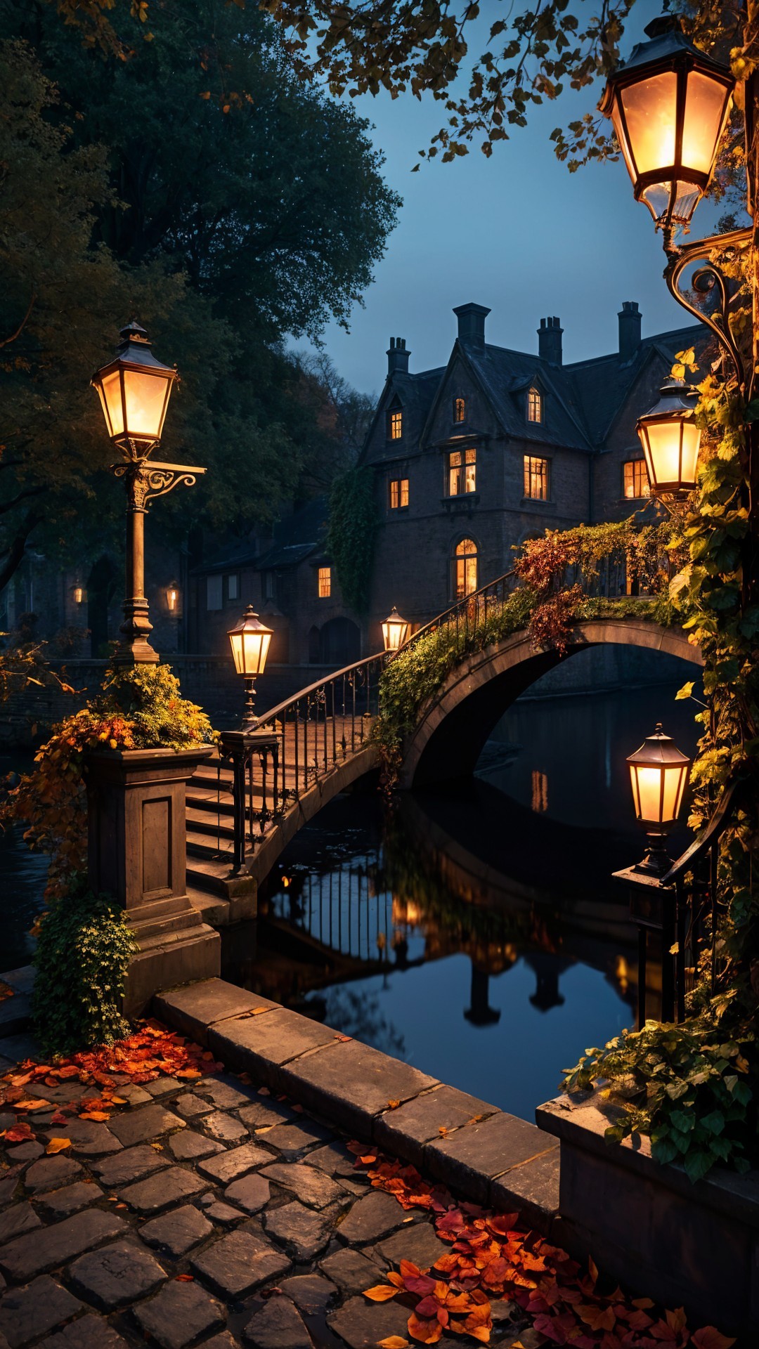 Tranquil Evening Scene with Stone Bridge and Lanterns