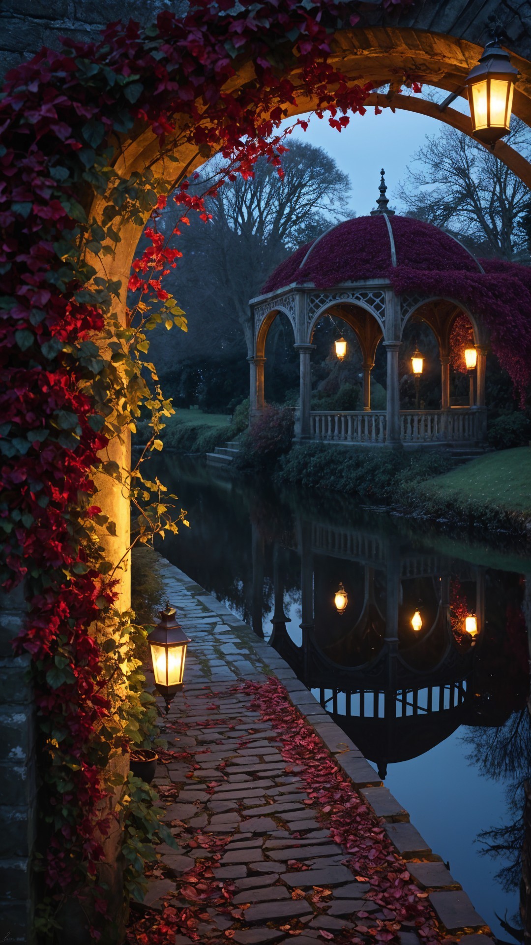 Twilight Garden Scene with Ivy and Gazebo Reflection