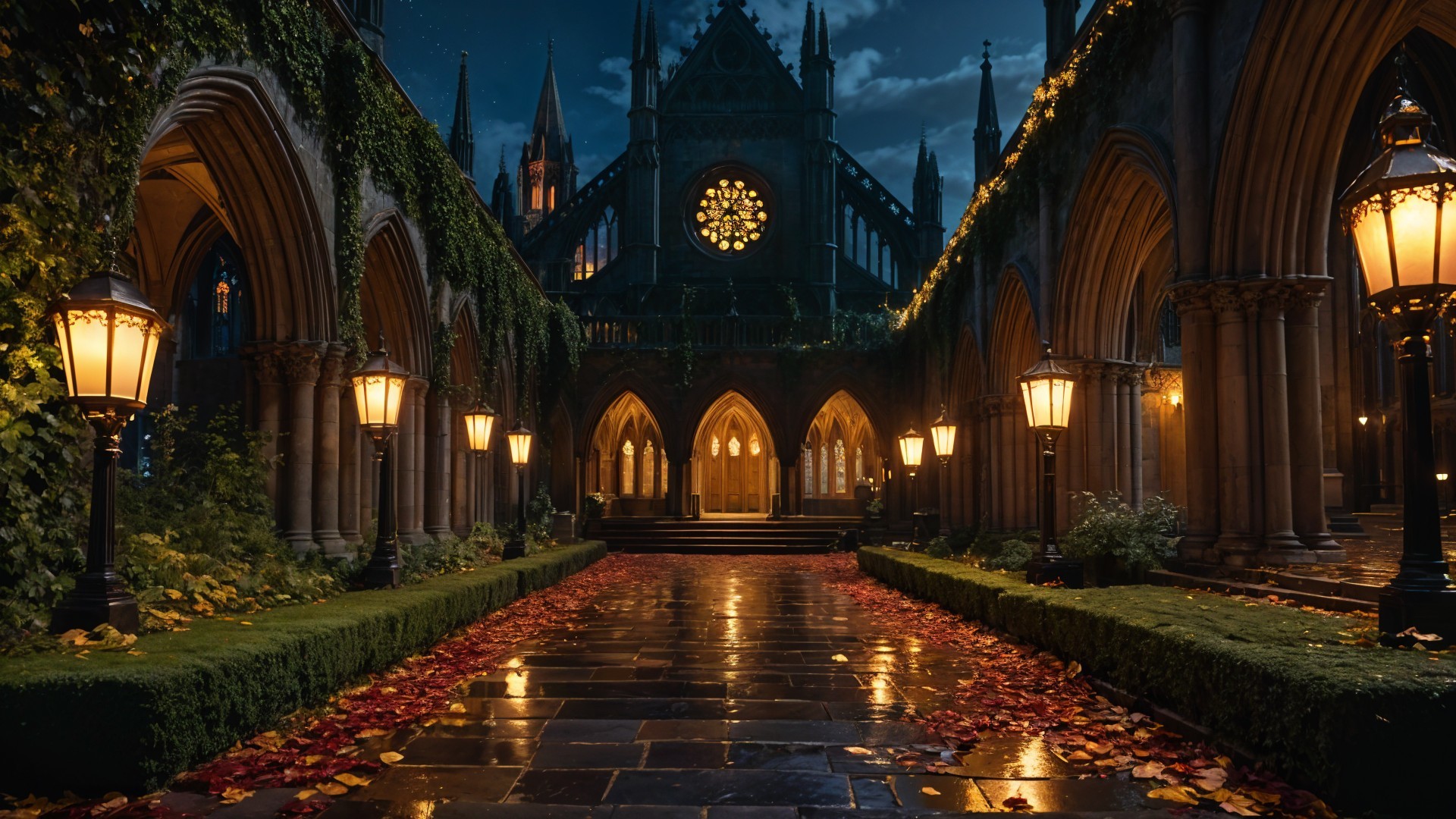 Gothic Courtyard with Lanterns and Autumn Leaves