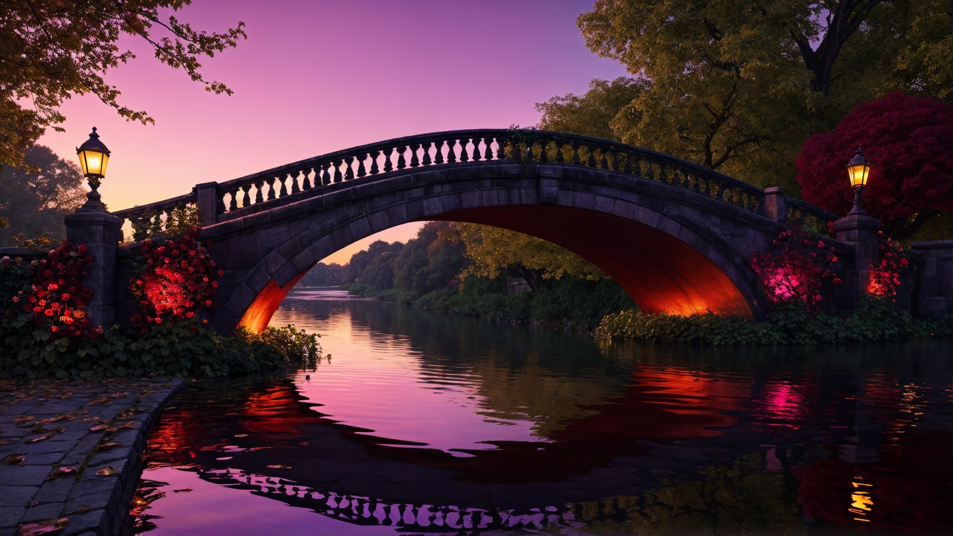 Serene Evening Scene with Stone Arch Bridge and Lights