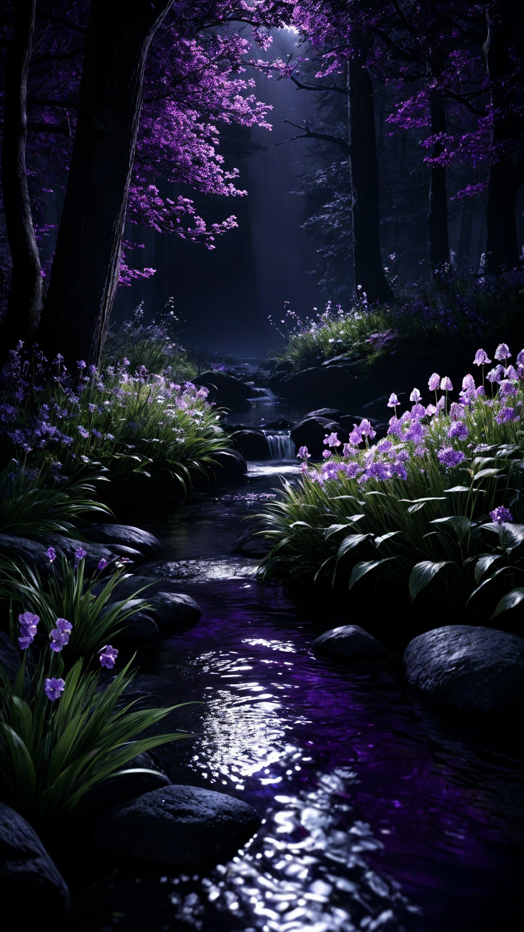 Twilight Forest Scene with Purple Flowers and Stream