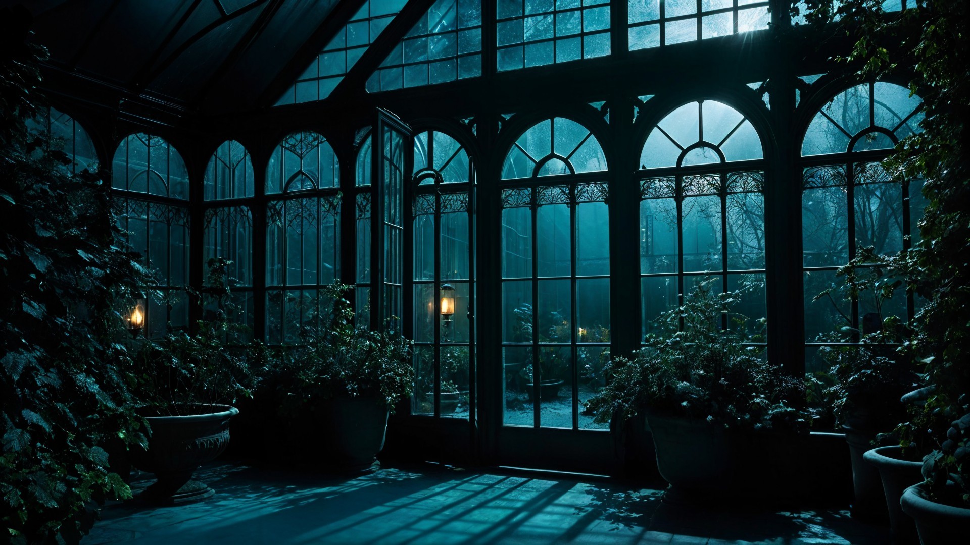 Dimly Lit Conservatory with Moonlit Garden View