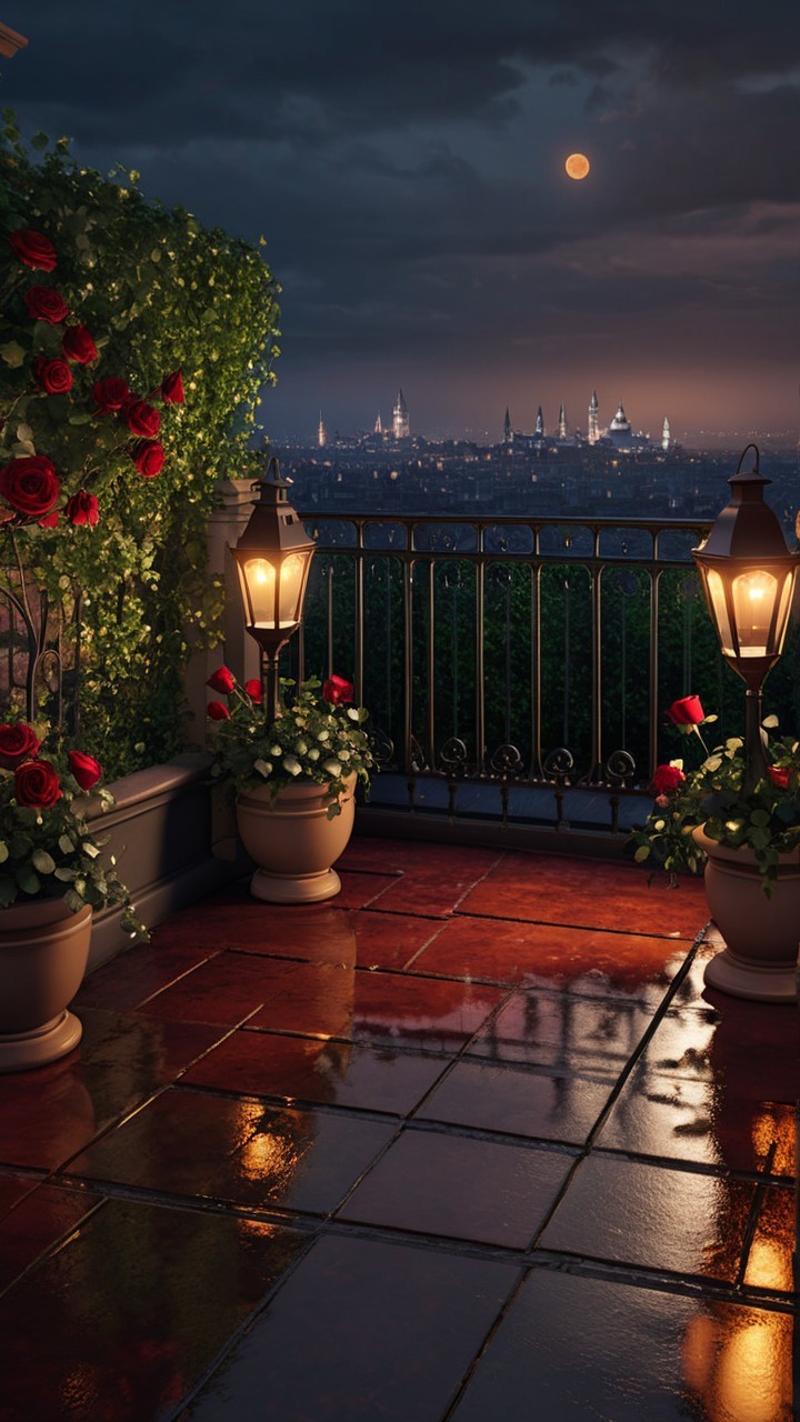 Serene Nighttime Balcony with Roses and Cityscape