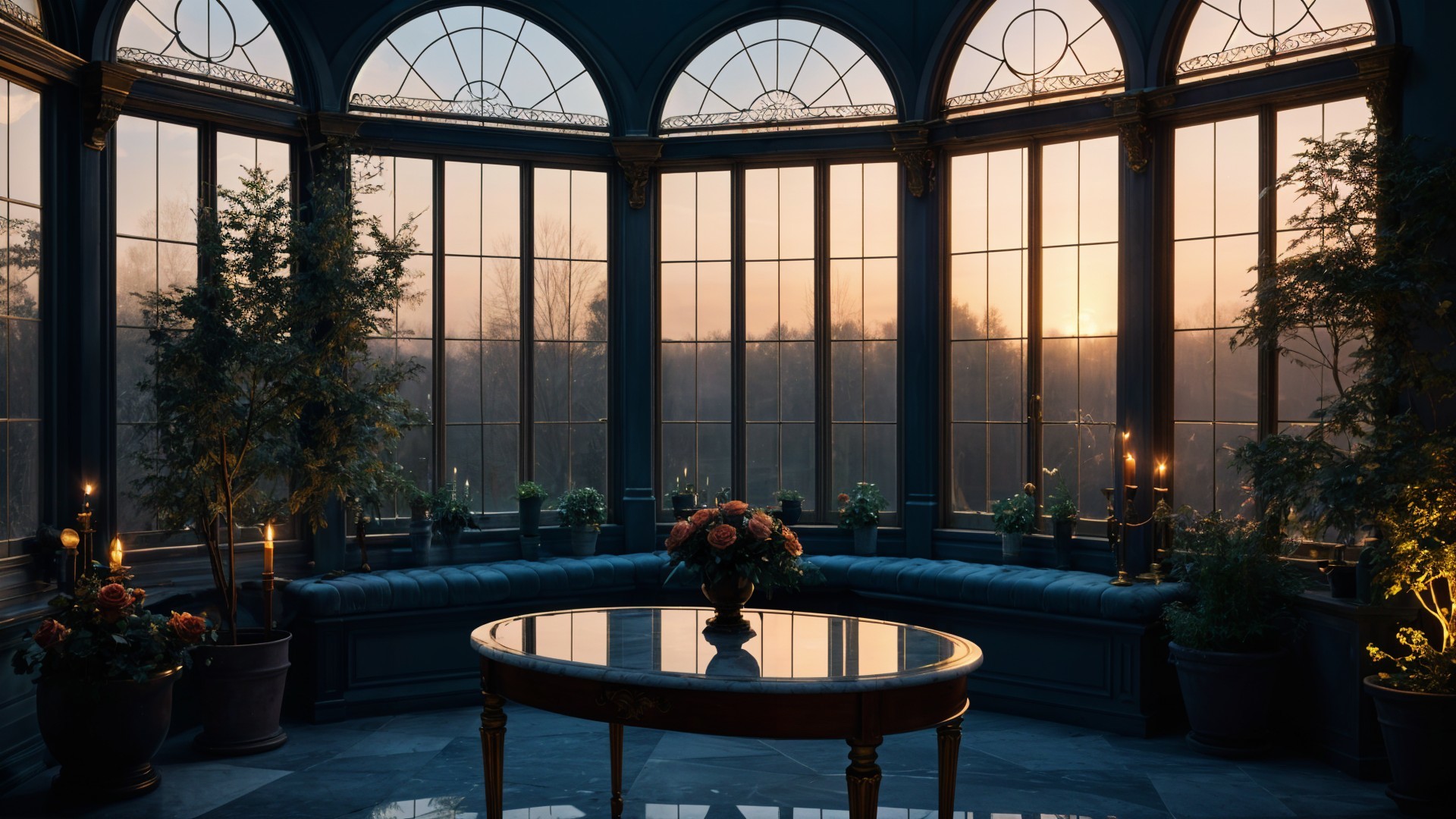 Elegant Sunlit Conservatory with Floral Centerpiece