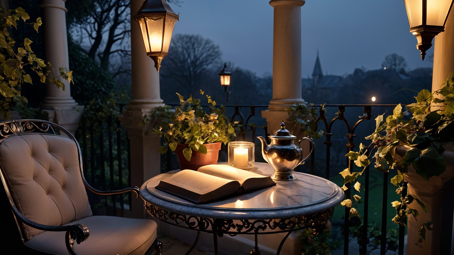 Serene Balcony Scene at Dusk with Lanterns and Plants