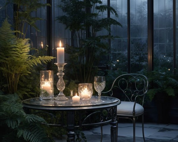 Serene Greenhouse with Lush Plants and Candlelit Table