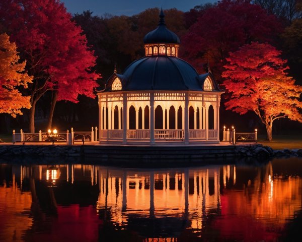 Illuminated Gazebo by Autumn-Foliaged Water's Edge