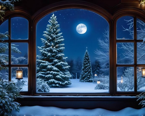 Cozy Winter Night View with Snowy Landscape and Moon