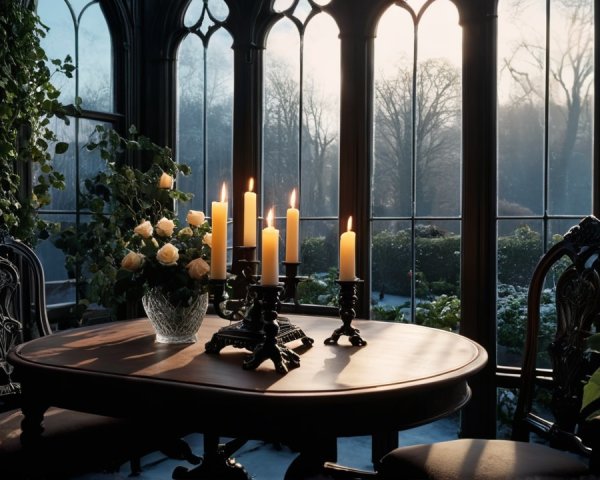 Gothic Conservatory with Candlelit Table and Roses