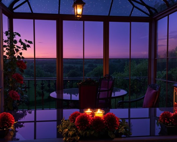 Serene Sunroom at Dusk with Vibrant Sky and Lanterns