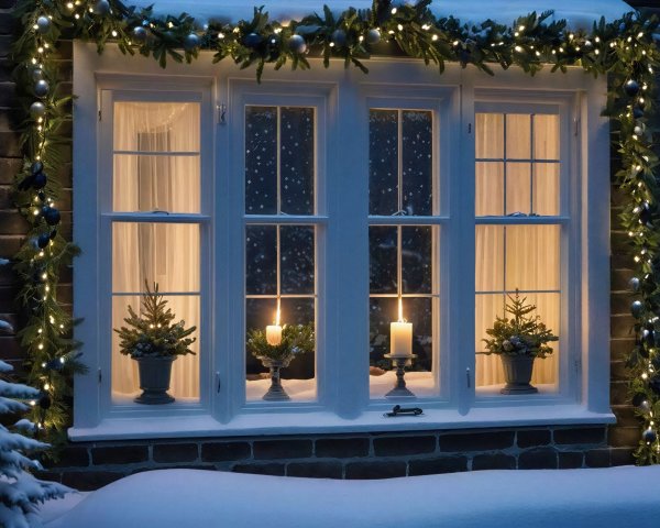 Cozy winter night scene with snow-covered house and tree