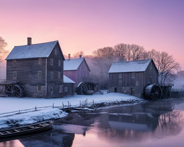 Serene Winter Scene with Historic Mills and River