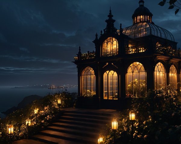 Glasshouse on a cliff with sea views and lanterns