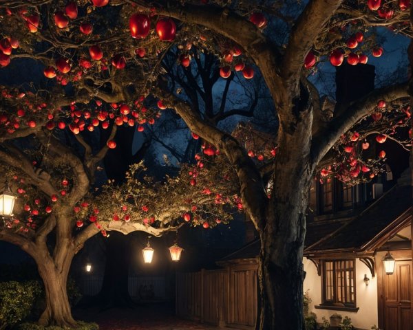 Starlit Cottage with Apple Trees and Lanterns