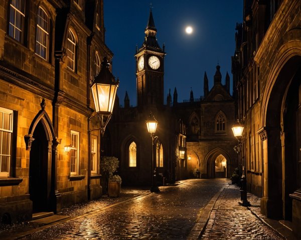 Nighttime Cobblestone Alley with Historic Architecture