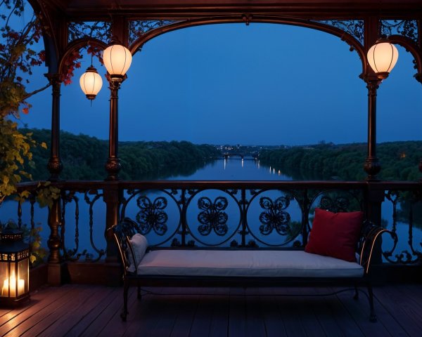 Gazebo by River at Dusk with Lanterns and Greenery