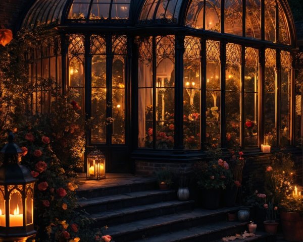 Illuminated Glass Conservatory Surrounded by Flowers