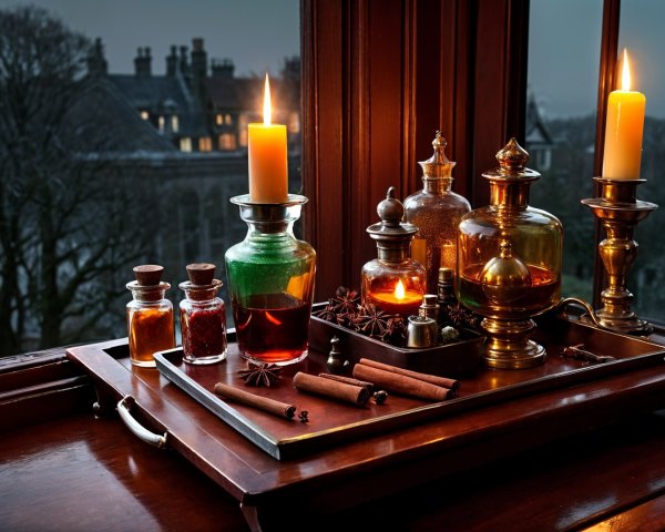 Antique Glass Bottles with Colorful Liquids and Candles