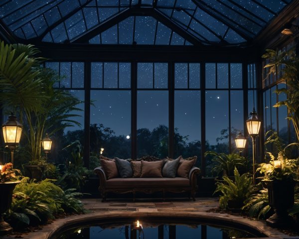 Serene Glass Greenhouse Under Starry Night Sky