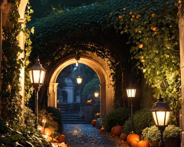 Illuminated Pathway with Lanterns and Pumpkins