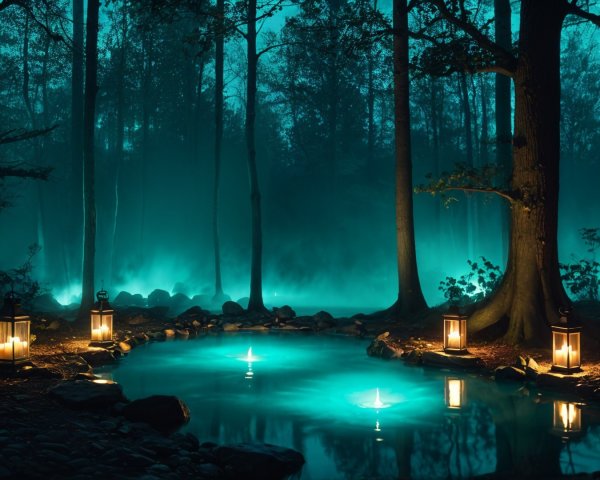 Serene forest scene with glowing lanterns and mist