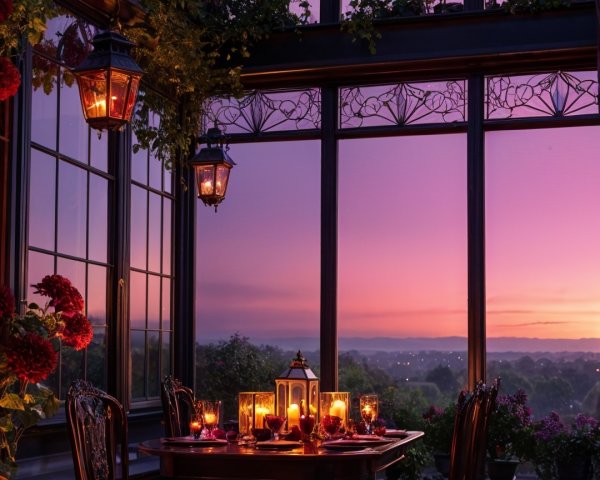 Twilight Glass Conservatory with Flowers and Lanterns