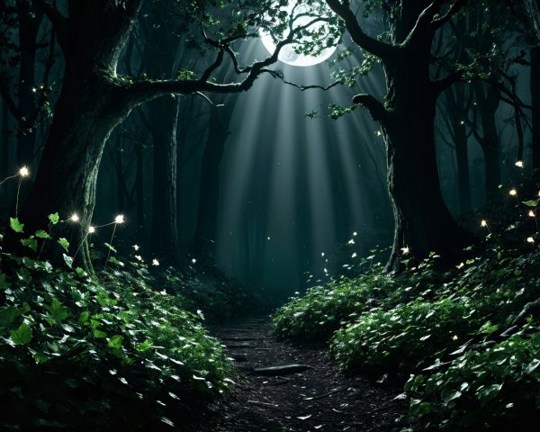 Mystical Forestscape Illuminated by Moonlight