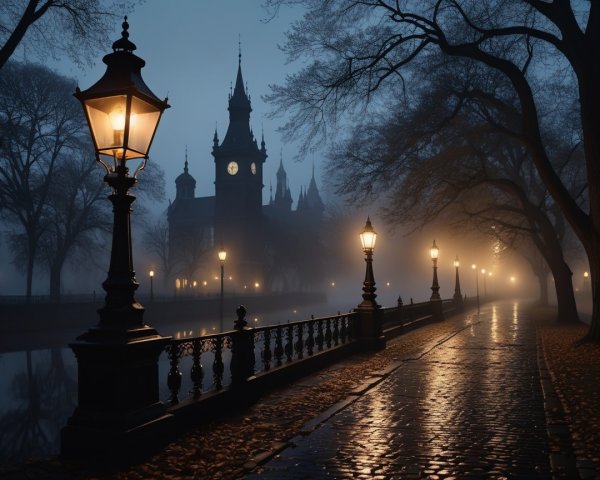 Misty Pathway with Vintage Lamps and Gothic Building