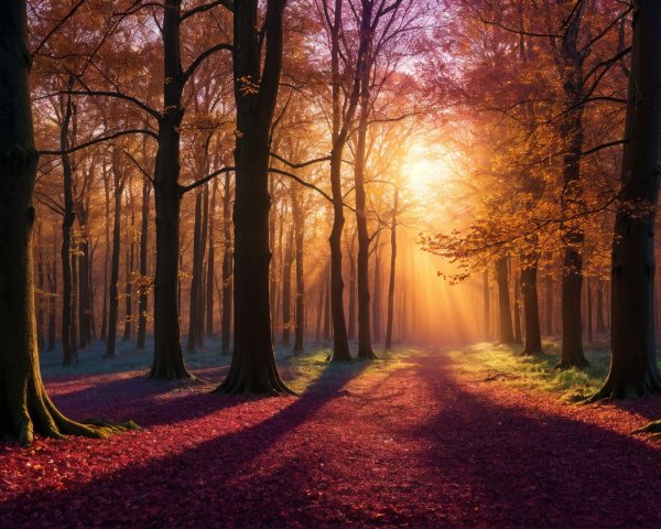 Tranquil Forest Scene with Autumn Colors and Light