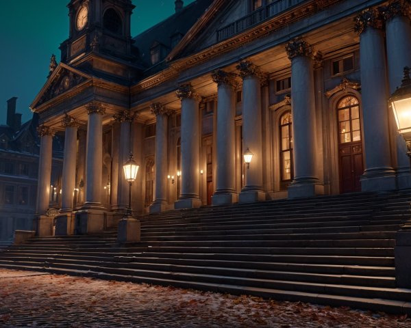Grand historical building illuminated at dusk