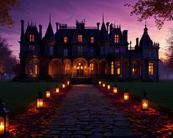 Gothic Mansion at Twilight with Lanterns and Foliage