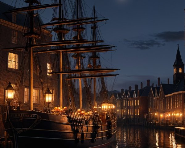 Tranquil Night Harbor with Tall Ship and Historic Buildings