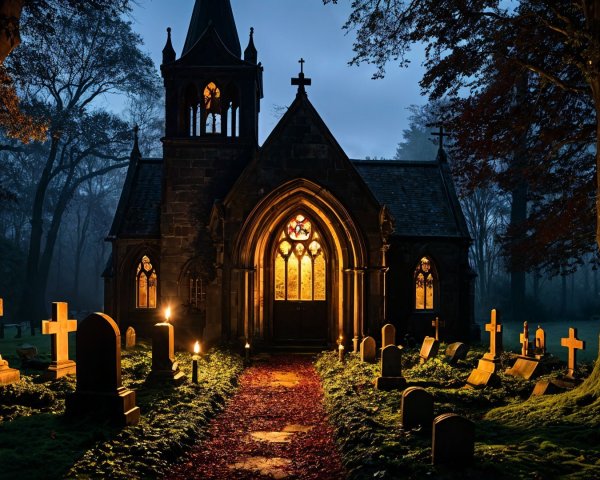 Gothic Chapel at Dusk with Stained Glass and Gravestones