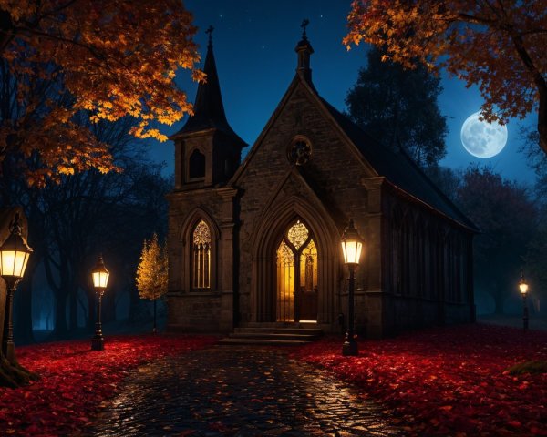 Mystic Night Scene with Chapel and Autumn Foliage