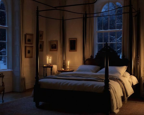 Old-Fashioned Bedroom with Four-Poster Bed and Candles