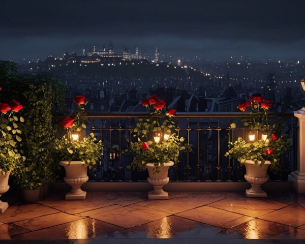 Serene Night Balcony with Blooming Roses and Lanterns