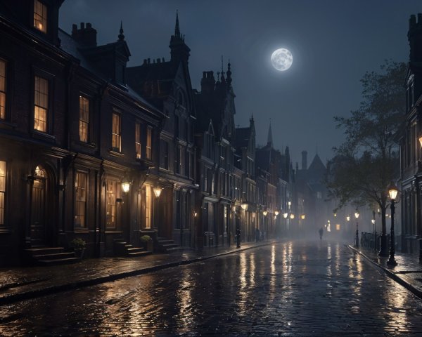 Dimly Lit Cobblestone Street in Old-Fashioned Neighborhood