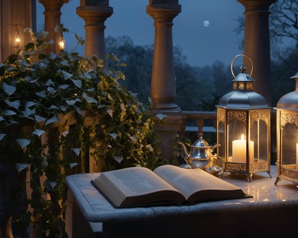 Serene Evening Balcony Scene with Lanterns and Ivy