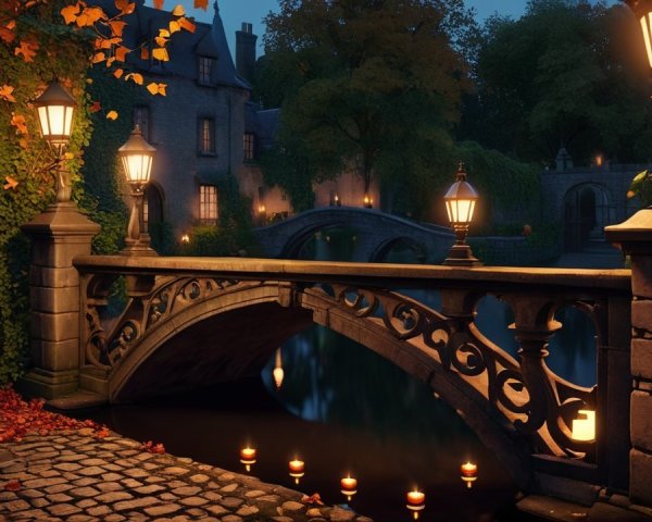 Illuminated bridge over serene water at twilight