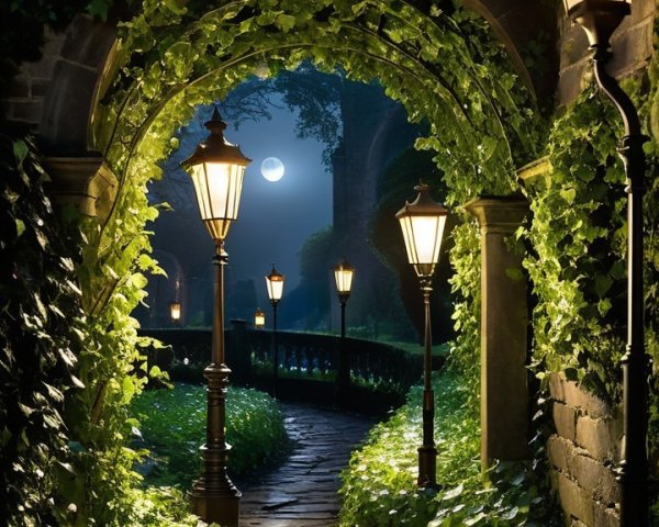 Tranquil Pathway with Ivy and Vintage Street Lamps