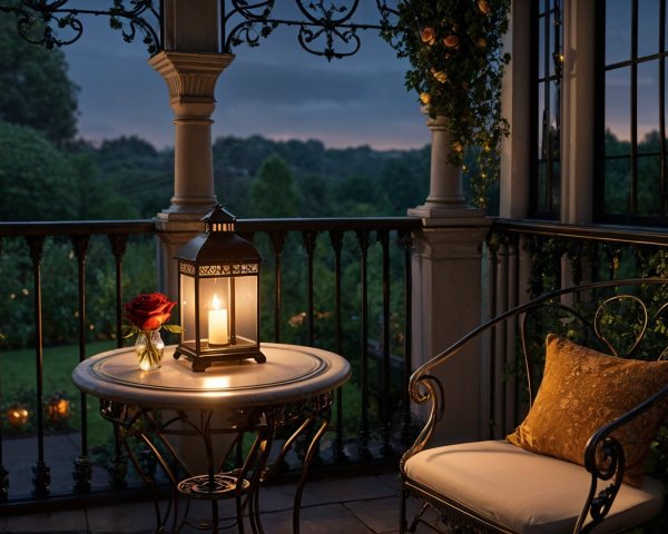 Serene Balcony at Twilight with Lush Greenery and Roses